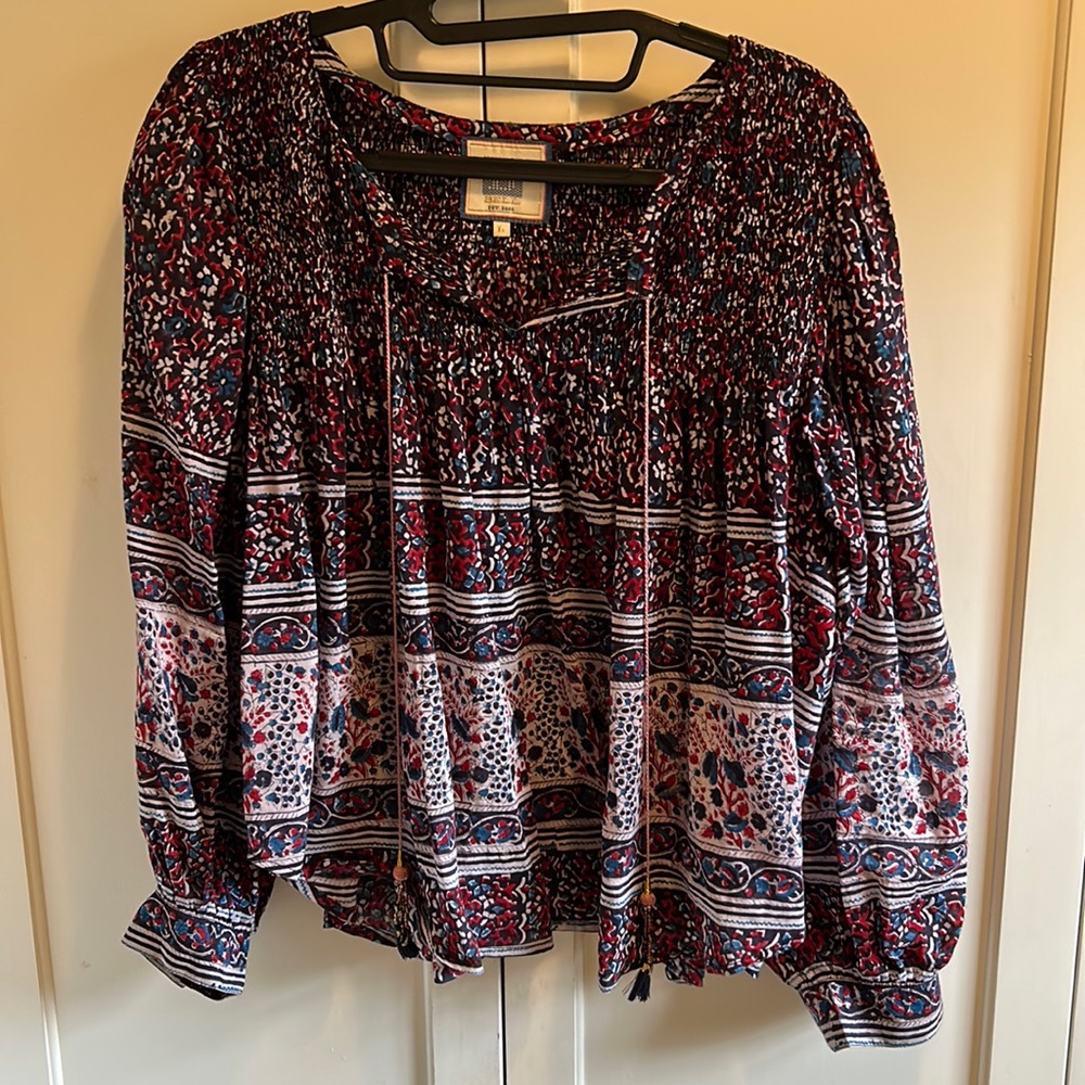 Mixed Print Peasant Blouse - Red & Blue